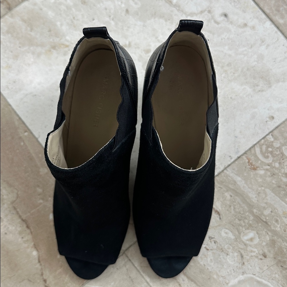 Marc Fisher Black Suede Peep-Toe Chunk Heeled Booties - Picture 6 of 10